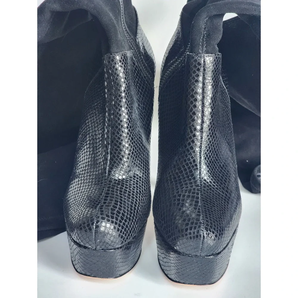 Alice + Olivia Black Snakeskin Embossed Platform Over The Knee Boots 39.5